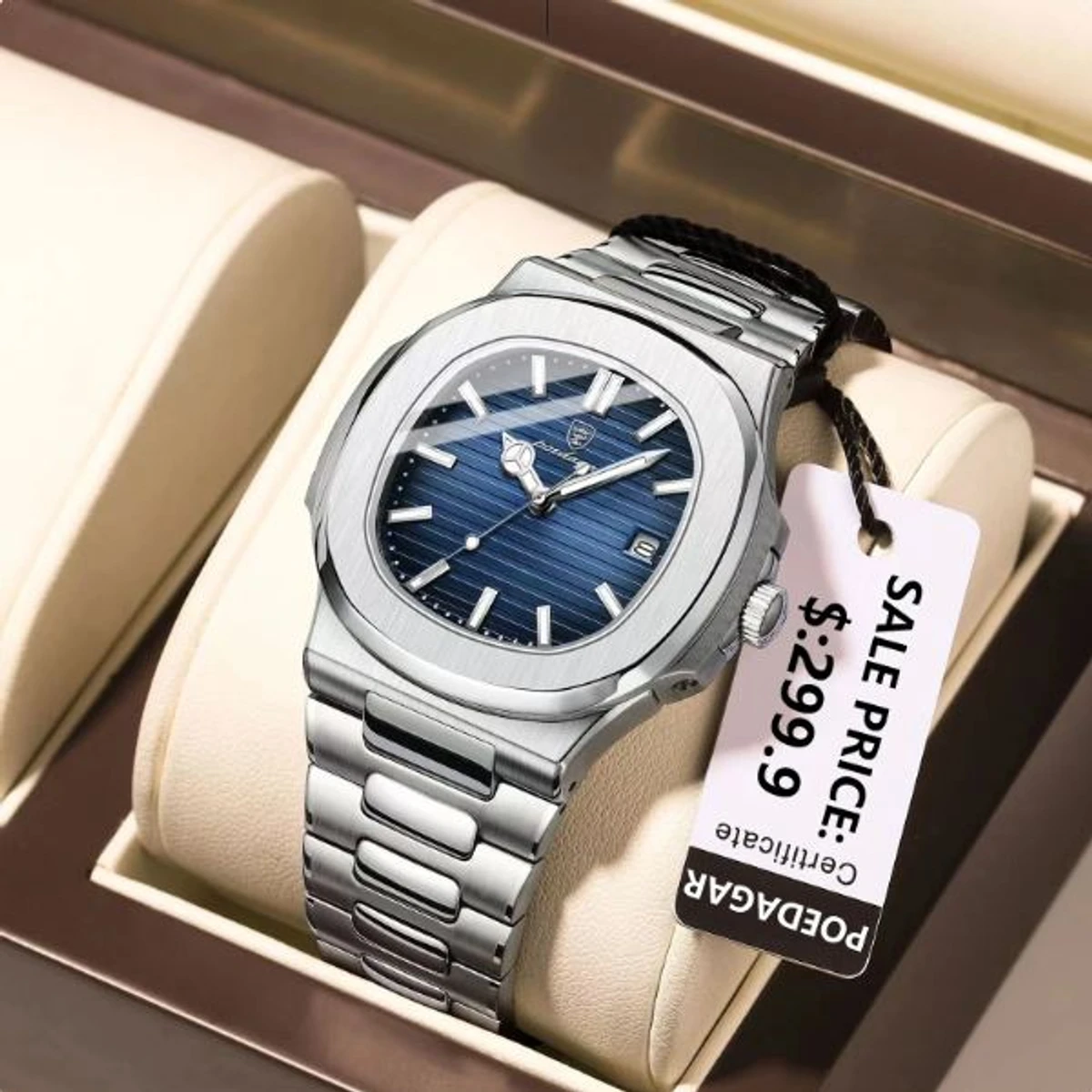 BLUE Dial Poedagar 613 Luxury Stainless Steel Luminous Watch