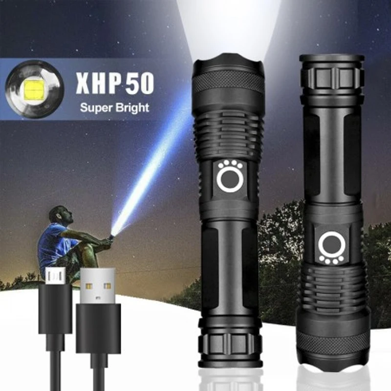 Rechargeable Zoom XHP50 LED Flashlight USB Torch Light